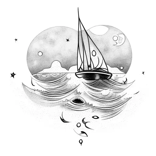 crescent moon with stars; tears falling from moon into water with waves; shipwrecked boat with ivy and thorns growing  tattoo design idea