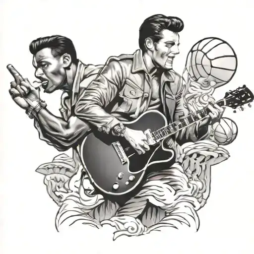 Elvis Presley vibing with the guitar, and with Michael Jordan holding basketball, and joint in his mouth, big heads tattoo design idea