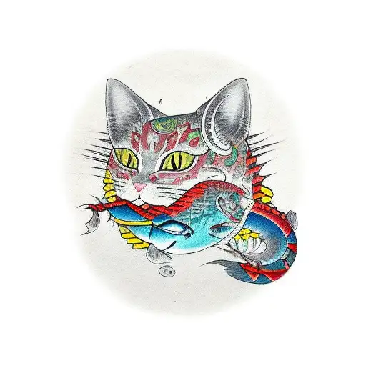 large color cat with fish in mouth tattoo design idea