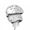 mushroom wit an m under it in cursive on middle finger tattoo design idea