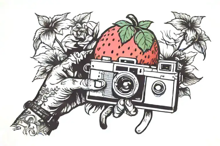 hand holding a Polaroid. the Polaroid is of an animated strawberry character holding an umbrella  tattoo design idea