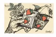 hand holding a Polaroid. the Polaroid is of an animated strawberry character holding an umbrella  tattoo design idea