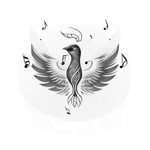 A blackwork tattoo of a soaring bird with musical notes forming its wings, symbolizing the freedom of music small tattoo design idea