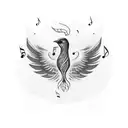 A blackwork tattoo of a soaring bird with musical notes forming its wings, symbolizing the freedom of music small tattoo design idea