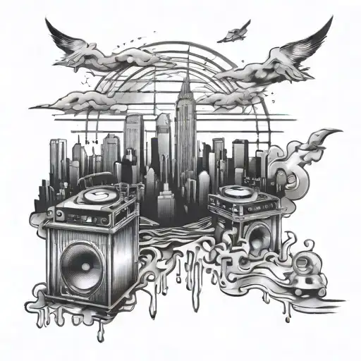 The New York skyline with a DJ booth integrated into it tattoo design idea