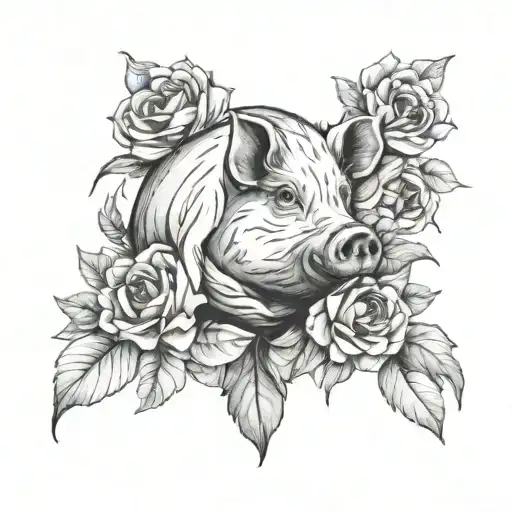 flowers and pig tattoo design idea