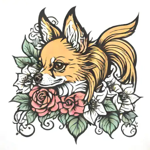 long hair chihuahua and flowers  tattoo design idea