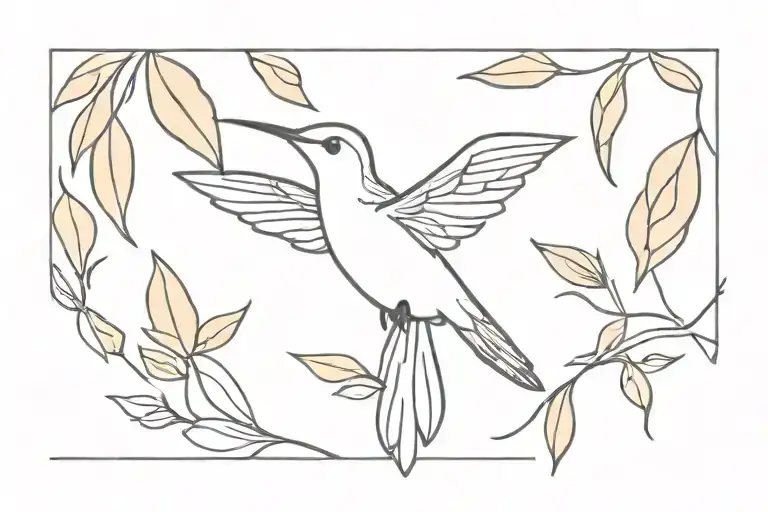 hummingbird, leaves horizontally tattoo design idea