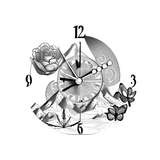 sand clock hour, mountains, butterflies, vegetation, flowers tattoo design idea