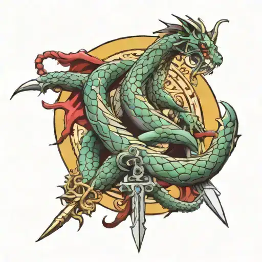 Michael  sword and rosary wrapped evenly with dragon aspects   tattoo design idea