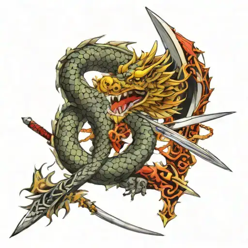 sword and rosary wrapped evenly with dragon aspects   tattoo design idea