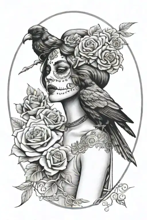 woman day of the dead roses and crow  tattoo design idea