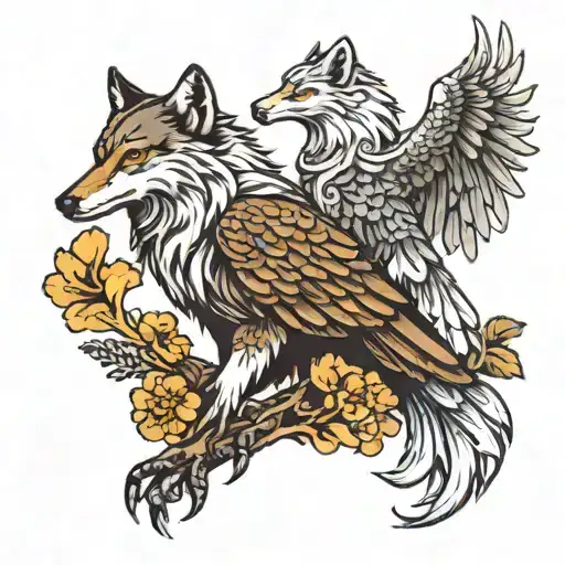 A wolf and a eagle perched atop eachother one is giving tattoo design idea