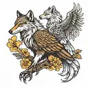 A wolf and a eagle perched atop eachother one is giving tattoo design idea