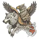 A wolf and a eagle perched atop eachother one is giving tattoo design idea