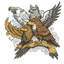 A wolf and a eagle perched atop eachother one is giving tattoo design idea
