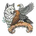A wolf and a eagle perched atop eachother one is giving tattoo design idea