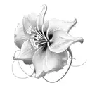 Sleve with a vine pattern with winding stems and green leaves with a bouquet of a orange lily a pink hibiscus and 2 rose tattoo design idea