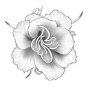 Sleve with a vine pattern with winding stems and green leaves with a bouquet of a orange lily a pink hibiscus and 2 rose tattoo design idea