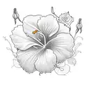 Sleve with a vine pattern with winding stems and green leaves with a bouquet of a orange lily a pink hibiscus and 2 rose tattoo design idea