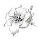 Sleve with a vine pattern with winding stems and green leaves with a bouquet of a orange lily a pink hibiscus and 2 rose tattoo design idea