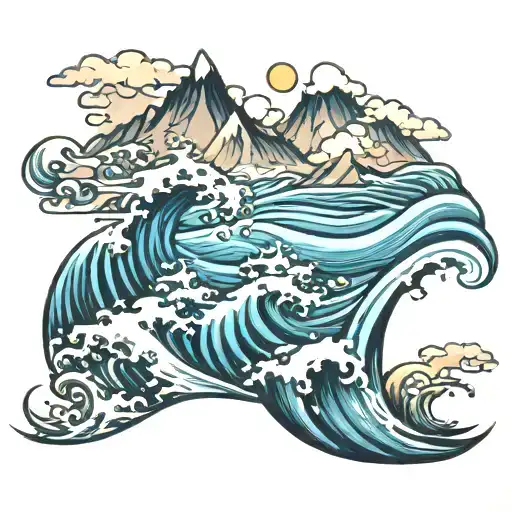 ocean waves and mountains  tattoo design idea