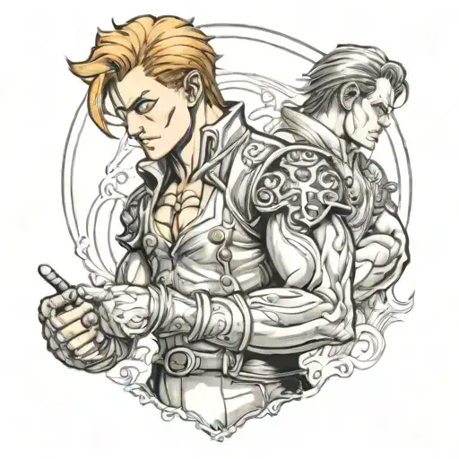 Sleeve tattoo sketch depicting Escanor of 7 deadly sins, Gio Tomioka and Yami Sukehiro tattoo design idea