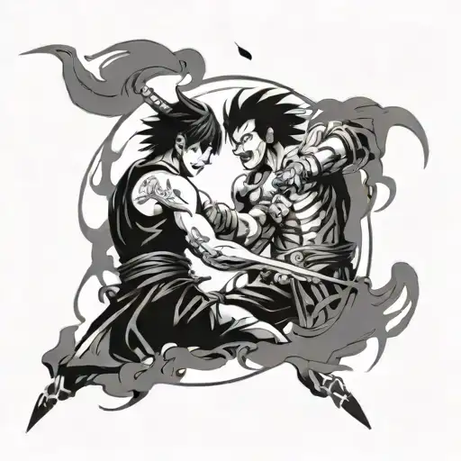 A tattoo design featuring a fierce battle scene between Eskanor and Yami Sukechiro from their respective anime series tattoo design idea