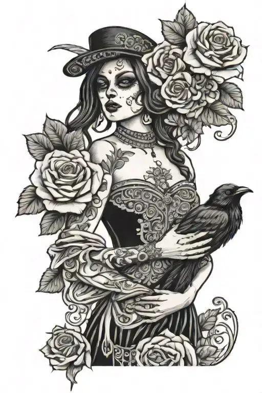 Day of the dead woman with roses and a crow perched tattoo design idea