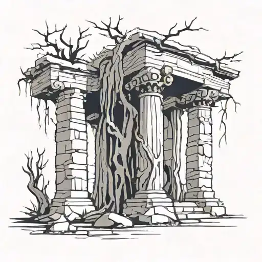 ruined column and a willow tree next to it tattoo design idea