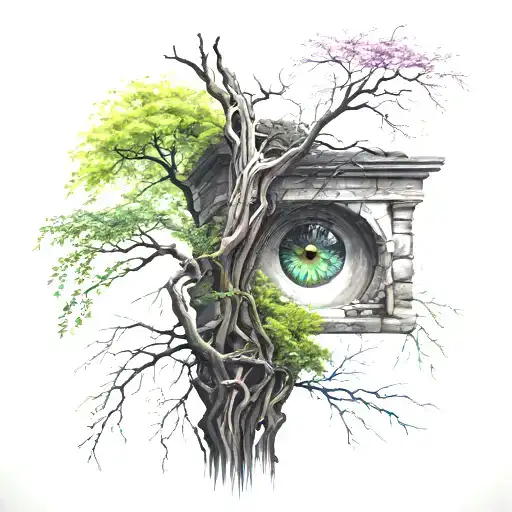  ruined column in eye-catching colours and a willow tree next to it. tattoo design idea
