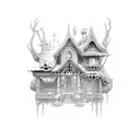 a scary alive house  tattoo design idea