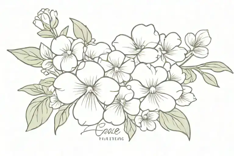 violets and primrose bouquet with the name Grace tattoo design idea