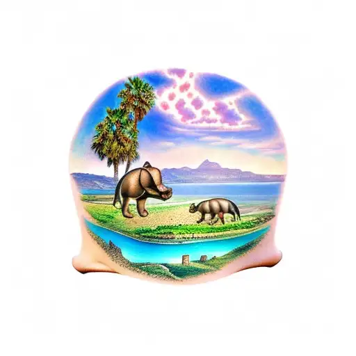 A tattoo of the Cyprus landscape with a hippopotamus enjoying the view tattoo design idea