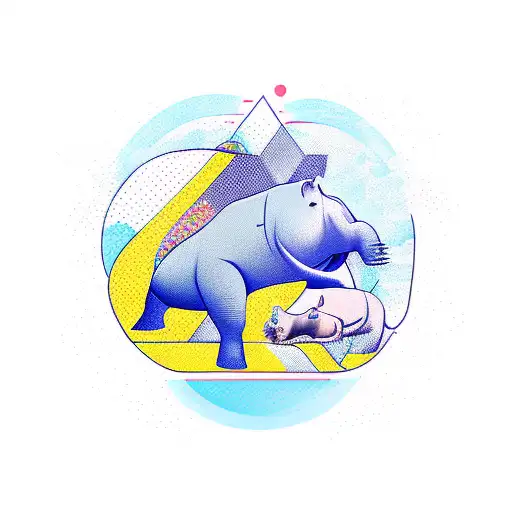 A dynamic tattoo design depicting an F1 race car speeding past a beautiful hippo, symbolizing the client's occupation as an F1 driver and their love for hippos. tattoo design idea