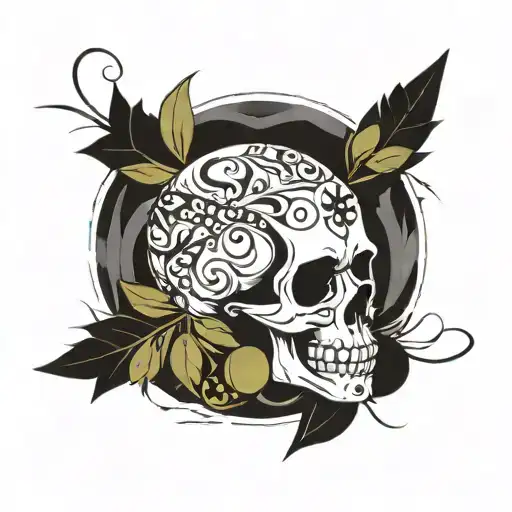skull with olive wreath wrapped tattoo design idea
