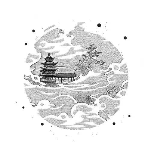 rectangle japanese theme cheery blossom sea boat tattoo design idea