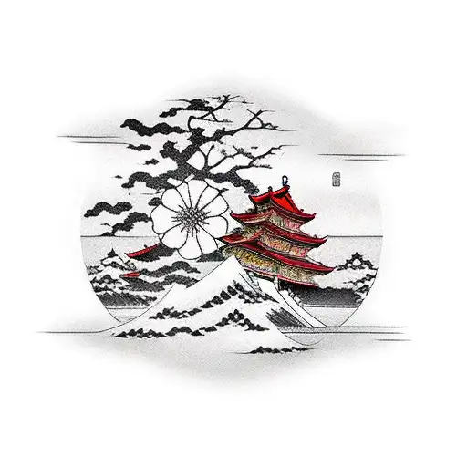 rectangle japanese theme cheery blossom sea boat tattoo design idea