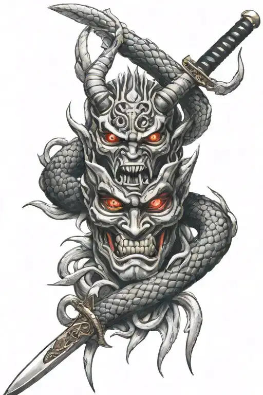 oni mask and snakes and katana sword tattoo design idea