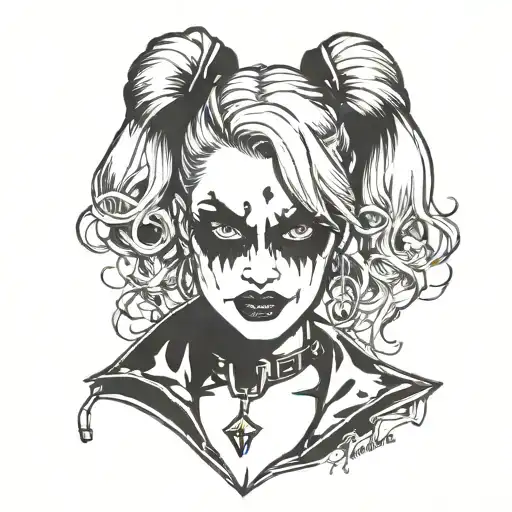 A stylized portrait of Harley Quinn in a blackwork style tattoo design idea