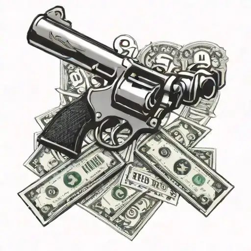 A smoking revolver intertwined with dollar bills and a Prada logo tattoo design idea