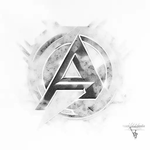 A black and grey tattoo featuring the iconic Avengers logo with a twist, incorporating elements of JDM cars and skateboarding to reflect the client's interests. tattoo design idea