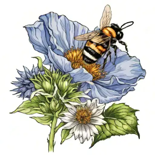 red poppy, sunflower, orange lilly, blue cornflower, green bell flower, lavender. With a bumble bee  tattoo design idea