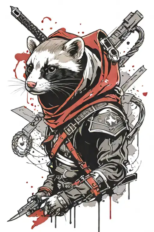 a minimal portrait of thin & light female ferret styled as assassin from "assassin's creed" game with logo at costume hand/head. body turned into right side. full-length body. without weapon. blood drops at background. tattoo design idea