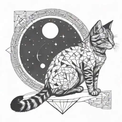 cat sitting on a moon looking at the stars with a background as compass tattoo design idea