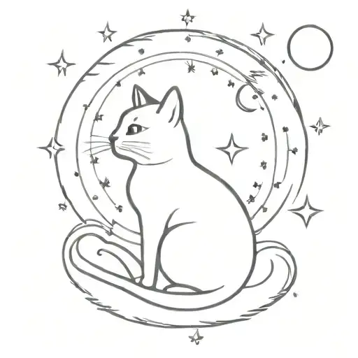 cat sitting on a moon looking at the stars with a background as compass tattoo design idea