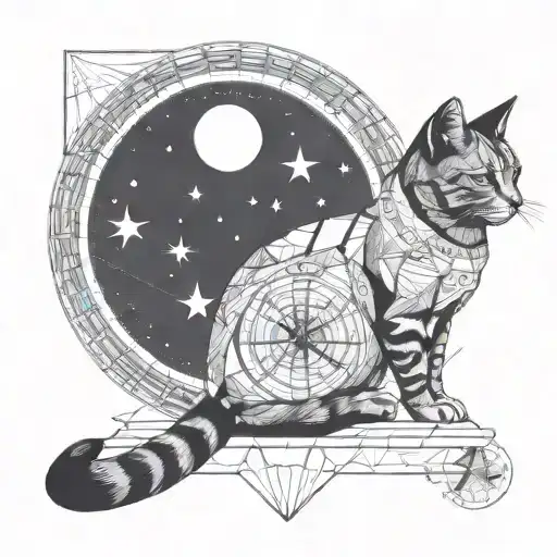 cat sitting on a moon looking at the stars with a background as compass tattoo design idea