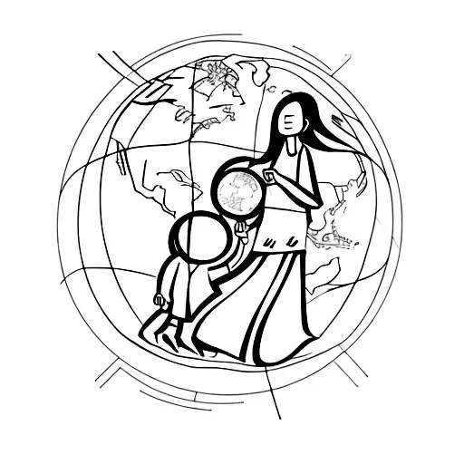 A silhouette of a mother and son holding hands in front of a world map tattoo design idea