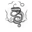 A realistic snake coiling around a quill pen and the text 'Veritas Mortem Vincit' tattoo design idea