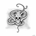 A realistic snake coiling around a quill pen and the text 'Veritas Mortem Vincit' tattoo design idea